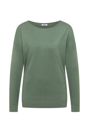 Maglione verde lavorato a maglia con scollatura ampia, maniche lunghe e polsini e orlo a costine. Texture morbida e vestibilità comoda. Etichetta del marchio visibile sul collo.