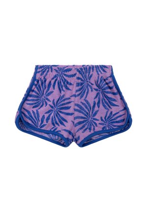 Paarse badstof shorts met een blauwe bies, met een patroon van palmbladeren in donkerblauw. Elastische tailleband en zijzakken.
