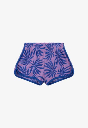 Paarse badstof shorts met een blauwe bies, met een patroon van palmbladeren in donkerblauw. Elastische tailleband en zijzakken.