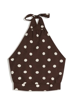 Braunes Neckholder-Top mit weißen Polka-Dots, gesmoktem elastischem Saum und Bindverschluss am Hals.