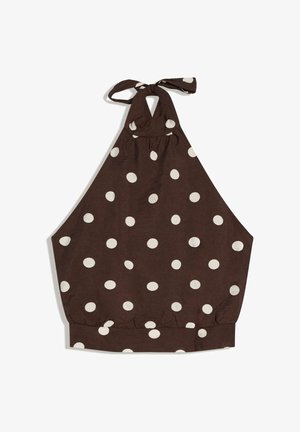 Top maro cu guler tip halter, cu buline albe, tiv elastic adunat și închidere cu cordon la gât.