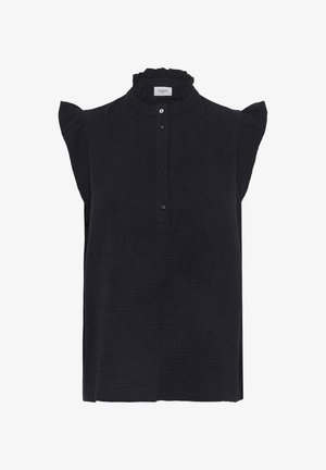 Haut noir avec col volé, manches courtes et fermeture à boutons. Fabriqué en tissu texturé avec une coupe décontractée et des fentes sur les côtés.