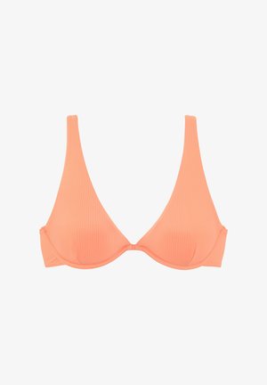 Podprsenka trojuholníkového tvaru vyrobená z rebrovanej broskyňovej látky, so širokými ramienkami a hladkým povrchom pohárov. Žiadne viditeľné kovové doplnky.