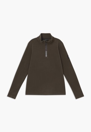 Olivengrøn langærmet pullover med høj krave og frontlynlås med mærket tekst, vist fladt på hvid baggrund.