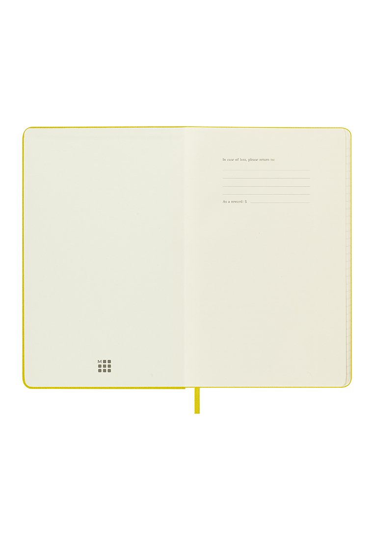 Gelbes Hardcover-Notizbuch mit leeren Innenseiten, enthält einen Abschnitt „Für den Fall des Verlusts“. Verfügt über eine leichte Textur und ein Textil-Lesezeichen.