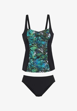 Black tankini set featuring a patterned top with blue, green, and black abstract design and solid black bikini bottom. Adjustable straps.