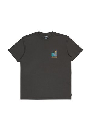 Dark gray cotton t-shirt with short sleeves, featuring a small colorful graphic of a palm tree and moon on the left chest.