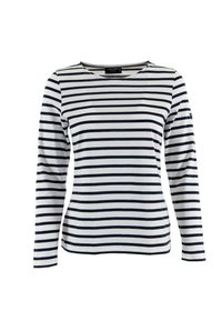 Camicia a maniche lunghe realizzata in tessuto morbido, con righe orizzontali blu navy e bianche, collo a giro e senza hardware o decorazioni prominenti.