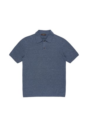 Polo manches courtes bleu chiné avec patte de boutonnage à deux boutons et col classique, posé à plat sur fond blanc.