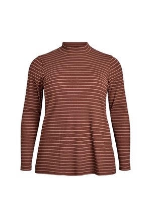 Long-sleeve, mock-neck top in reddish-brown with thin, horizontal cream stripes; made from soft, stretchy fabric; relaxed fit.