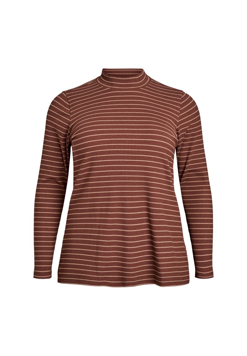Long-sleeve, mock-neck top in reddish-brown with thin, horizontal cream stripes; made from soft, stretchy fabric; relaxed fit.