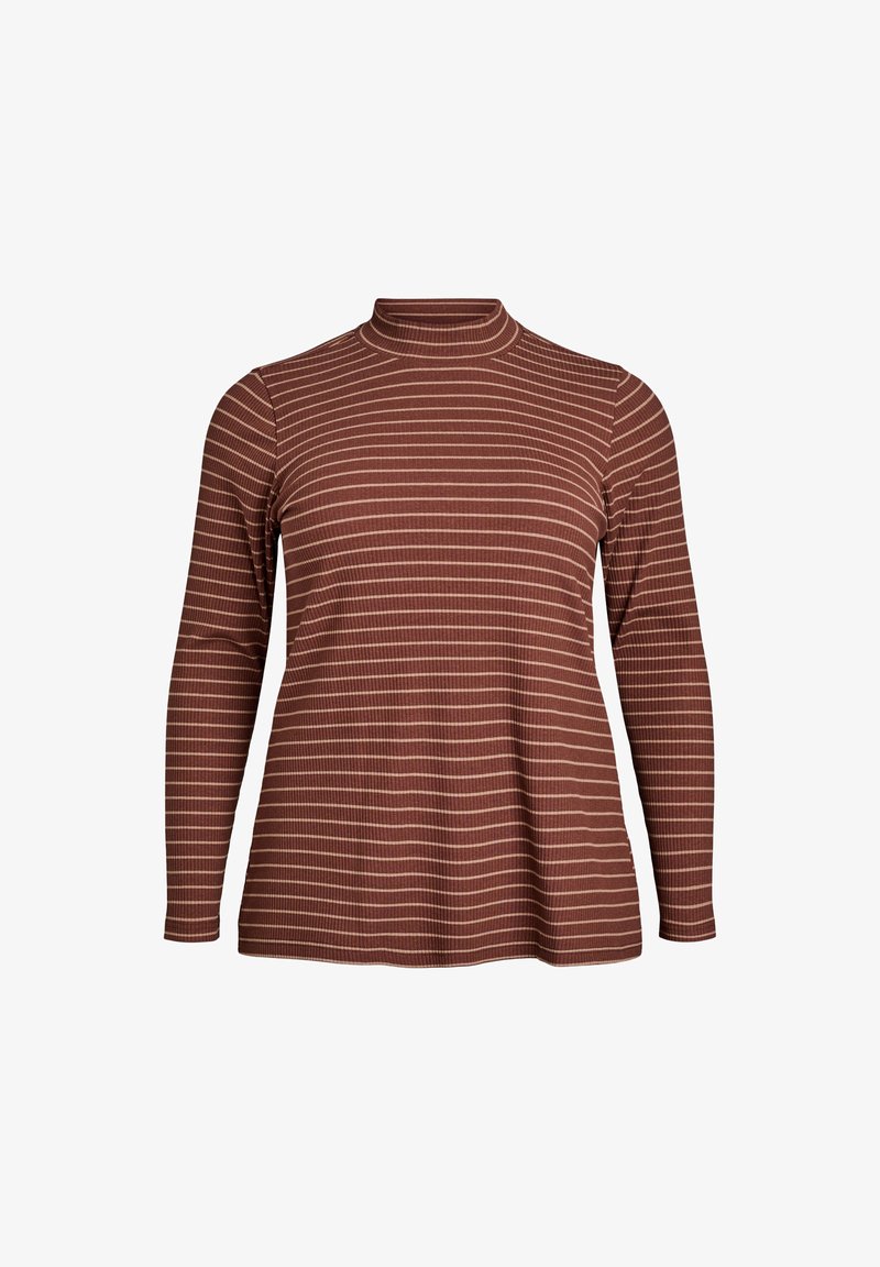 Camiseta de manga larga y cuello alto en marrón rojizo con finas rayas horizontales color crema; hecha de un tejido suave y elástico; corte relajado.