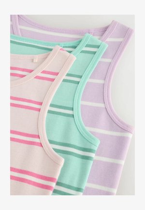 Paskowane topy na ramiączkach w kolorach różowym, miętowym i lawendowym z kontrastowymi białymi paskami; miękka tkanina i zaokrąglone dekolty.