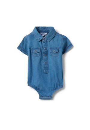 Kortemouwblauwe denim babypak met kraag, voorpand met knopen, twee borstzakken en elastische beenopeningen.