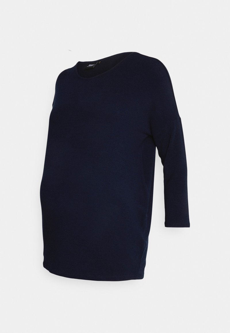 Maternity top in navy blue, made from soft fabric, features a round neckline, three-quarter sleeves, and a relaxed fit design.