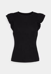 Top corto nero a maniche corte con dettagli arricciati sulle spalle, realizzato in tessuto a costine elasticizzato, presenta un collo rotondo e un design aderente.