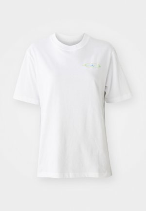 White cotton T-shirt with a round neckline and short sleeves. Features a small colorful logo on the front. Smooth texture and casual fit.