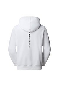 Vit hoodie med dragsko på huvan, ribbade muddar och nederkant, samt en vertikal svart logotypdesign på baksidan. Mjuk, borstad textur.