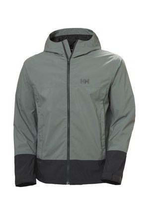 Lightweight rain jacket in gray, featuring a hood, zip closure, and black accents at the hem and cuffs. Made from water-resistant material.
