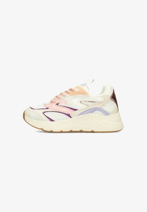 Chunky white sneaker with beige sole, pastel pink, purple, and peach suede and mesh overlays, and a pull tab on the heel.