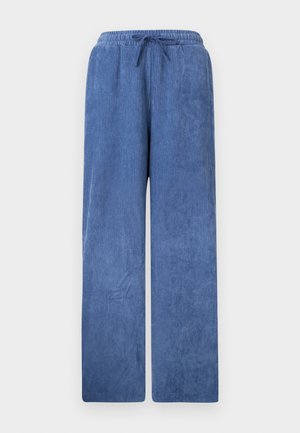 Plave široke hlače s rebrastim uzorkom, elastičnim pojasom i vezicom sprijeda, prikazane na jednobojnoj pozadini.