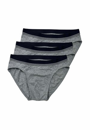 Tre slip da uomo grigi impilati, ciascuno con una fascia elastica nera con due sottili strisce bianche.