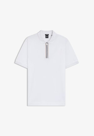 White polo shirt made of smooth fabric, featuring a half-zip front with black and brown stripes, and a classic fold-over collar.