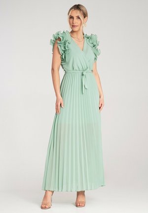 Mintgrünes, plissiertes Maxikleid mit Rüschensäumen, tiefem V-Ausschnitt, tailliertem Schnitt und passendem Bindegürtel. Aus glattem, leichtem Stoff.