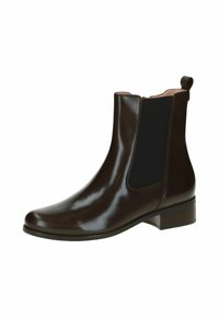 Botas de tobillo de cuero marrón con un acabado suave, paneles laterales elásticos y un pequeño tacón. Presenta una lengüeta en la parte posterior para facilitar su uso.