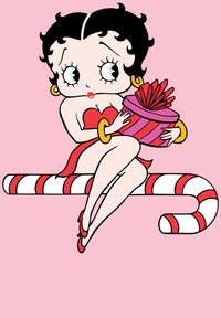 Kreslená postavička v červených šatech sedí na pruhovaném cukrovém klacku a drží růžový dárek s ozdobnou mašlí. Pozadí je růžové.