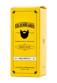 Geel rechthoekige doos met zwarte tekst. Bevat een baardafbeelding, productdetails en een decoratieve rand. 100ml, gemaakt in Denemarken.