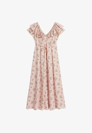 Blumenkleid aus weichem Stoff, mit pinkem Hintergrund, Rüschensäumen, V-Ausschnitt und einem Bindeband in der Taille. Blumenmuster über das gesamte Kleid.