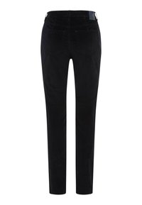 Zwarte corduroy broek met een slim fit, voorzien van twee achterzakken en een label op de tailleband. Verticale ribstructuur door de stof.
