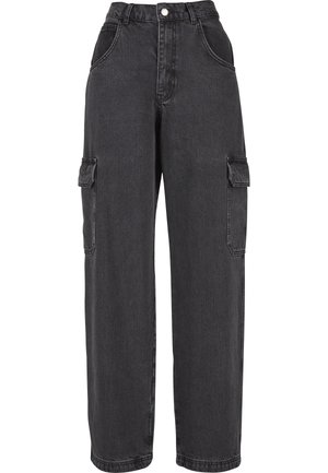 Czarne spodnie cargo z denimu, z wysokim stanem, szerokimi nogawkami, bocznymi kieszeniami i klasycznym zapięciem na guzik. Teksturowany materiał z widocznymi szwami.