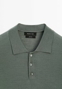 Green wool polo shirt featuring a classic collar, three-button closure, and a textured knit pattern. Brand label: Massimo Dutti.