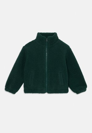 Chaqueta de forro polar verde oscuro con cremallera completa en el frente, cuello alto, puños elásticos y dos bolsillos delanteros.