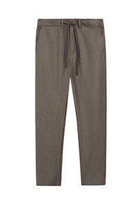 Brązowe spodnie slim fit z przednimi kieszeniami, paskami na pas, zapięciem na guziki i regulowanym sznurkiem w pasie.