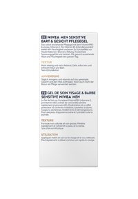 Weiße rechteckige Verpackung mit Texten in Deutsch und Französisch über das Nivea Men Sensitive Gesichts- und Bartpflegegel. Auffällige Details sind das saubere Layout.