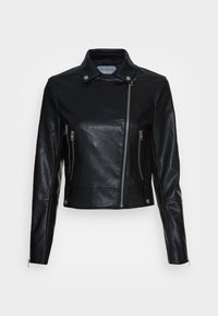 Svart bikerjacka i läder med dragkedja framtill, två sidofickor, tryckknappskrage och dragkedja vid ärmsluten. Slät yta med figursydd design.