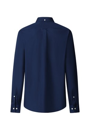 Camicia a maniche lunghe blu navy con colletto classico, chiusura a bottoni e maniche a polsini, realizzata in tessuto liscio con un design elegante.
