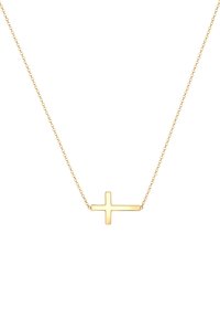 Goldfarbener Kreuzanhänger an einer feinen Kette, mit minimalistischem Design und glatter, flacher Oberfläche.