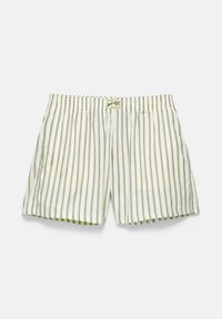 Ljusfärgade boxershorts med vertikala blå, gröna och bruna ränder och en elastisk midjeresår med en liten etikett mitt fram.