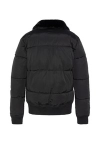 Veste matelassée noire dotée d'un col montant, d'un design matelassé, de poignets et d'un ourlet élastiques. Matière lisse avec une texture douce.