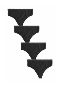 Des slips en coton noir empilés. Chacun a une texture lisse et une fine ceinture élastique arborant le nom de marque "NEXT" dans un motif répétitif.
