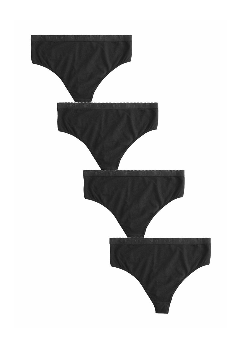 Des slips en coton noir empilés. Chacun a une texture lisse et une fine ceinture élastique arborant le nom de marque "NEXT" dans un motif répétitif.