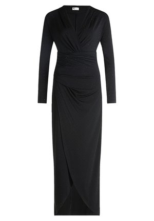 Schwarzes langärmliges Kleid mit Wickeldesign, drapierter Textur und dezenten Verzierungen. Glatter Stoff mit einem bodenlangen Schnitt.