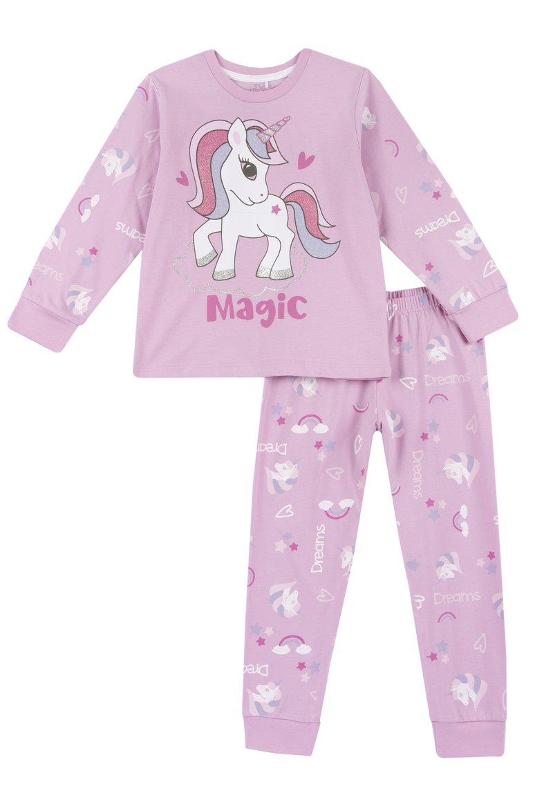 Světle růžový pyžamový set s grafikou jednorožce a třpytivými detaily. Dlouhý rukáv na topu a vzorované kalhoty se hvězdami, duhovými motivy a srdíčky.