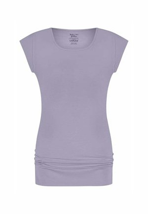 Lila kurzärmeliges Oberteil mit runder Ausschnitt, gerafftem Detail an der Taille und glattem Baumwollmaterial. Einfaches Design ohne Muster.