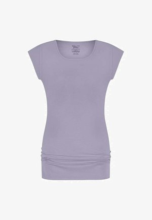 Vaaleanlilakka lyhythihainen paita, jossa on pyöreä pääntie, gathered-tyylinen yksityskohtaus vyötäröllä ja sileää puuvillakangasta. Yksinkertainen muotoilu ilman kuvioita.