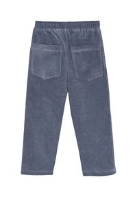 Pantalon en velours côtelé de couleur bleu foncé, avec une taille élastique, une coupe large et deux poches arrière avec une texture côtelée.
